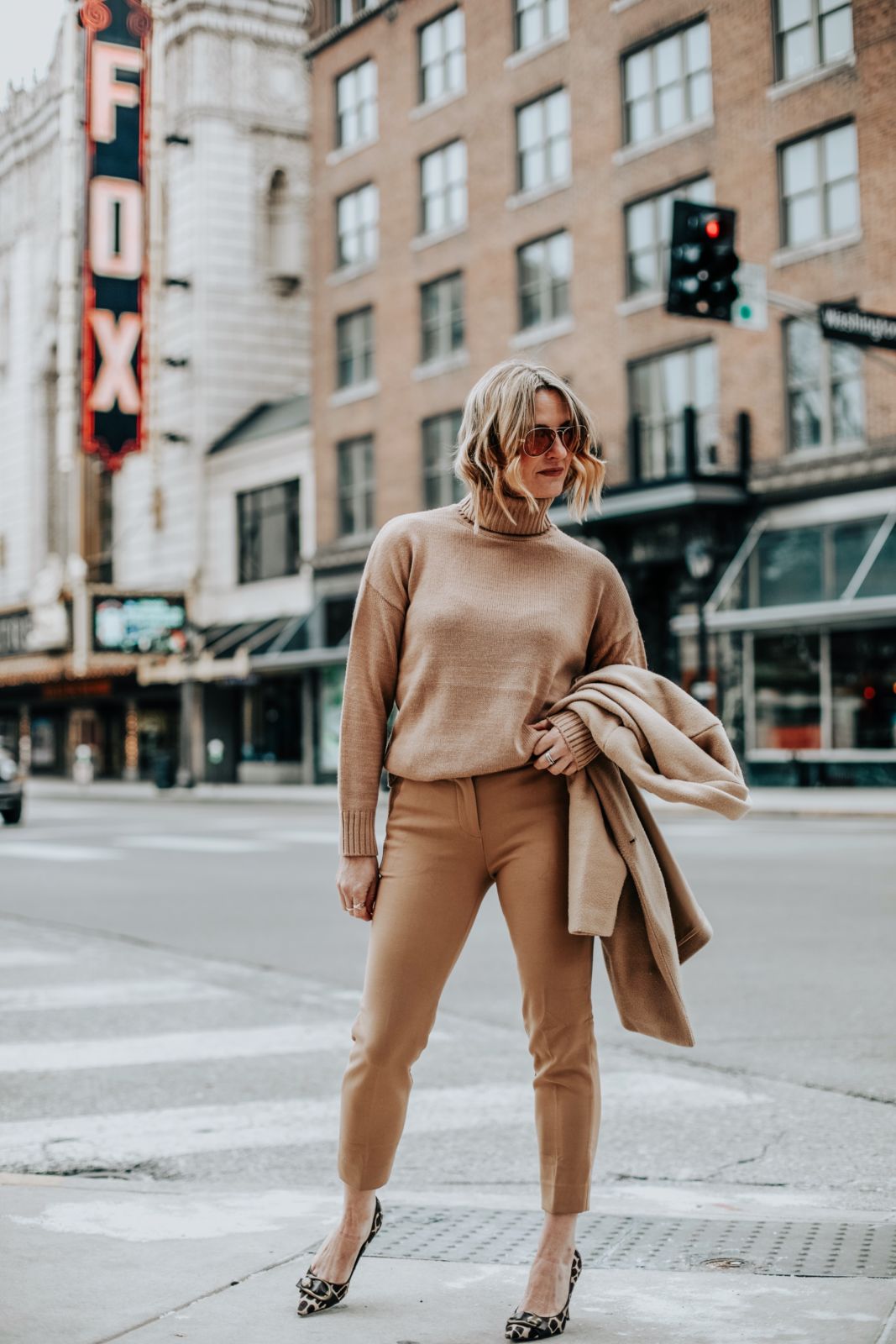 camel colored outfit | tan turtleneck sweater | j crew pants 