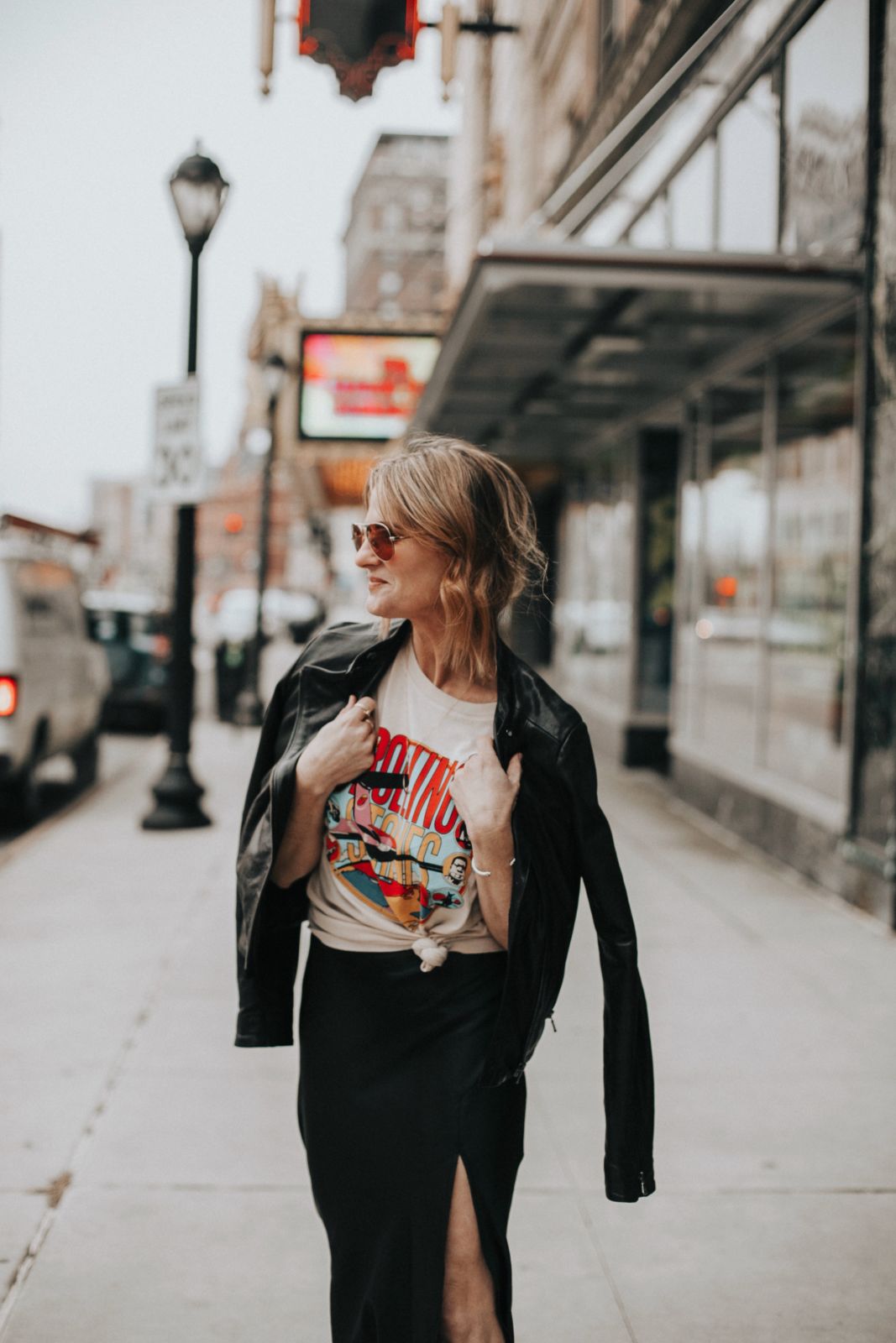 rolling stones graphic tee - styling a shirt over a dress 