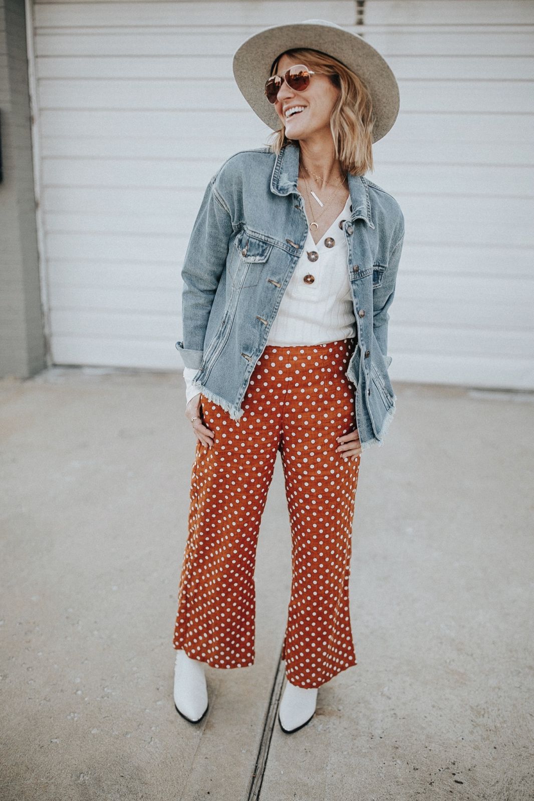 outfit ideas without jeans: Denim Jacket, T-shirt, and Linen Pants