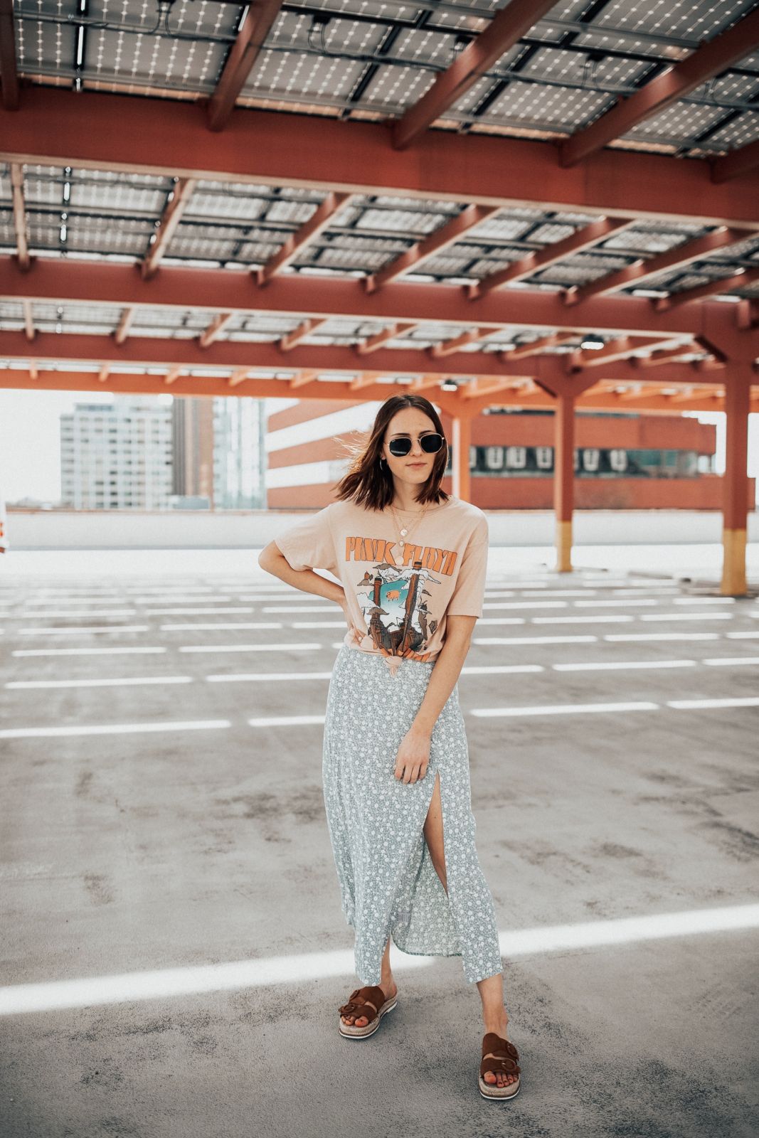 Band Tee, Midi Skirt, and Sandals outfit