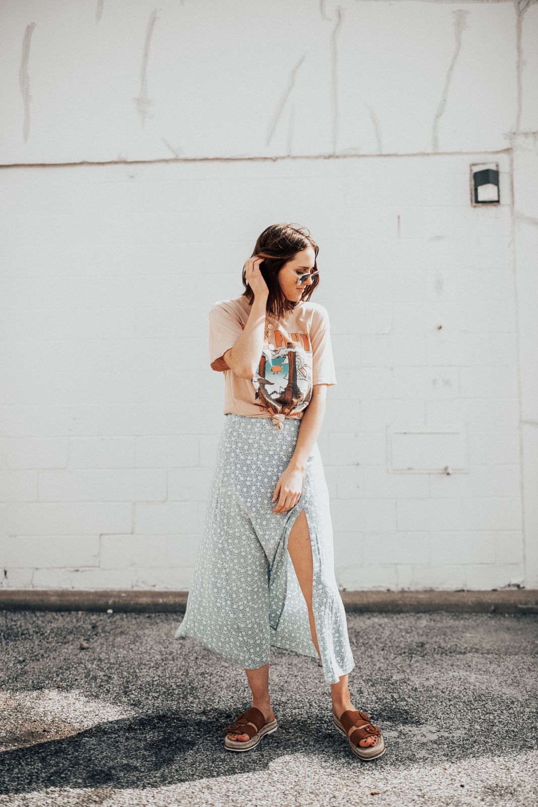 Band Tee, Midi Skirt, and Sandals