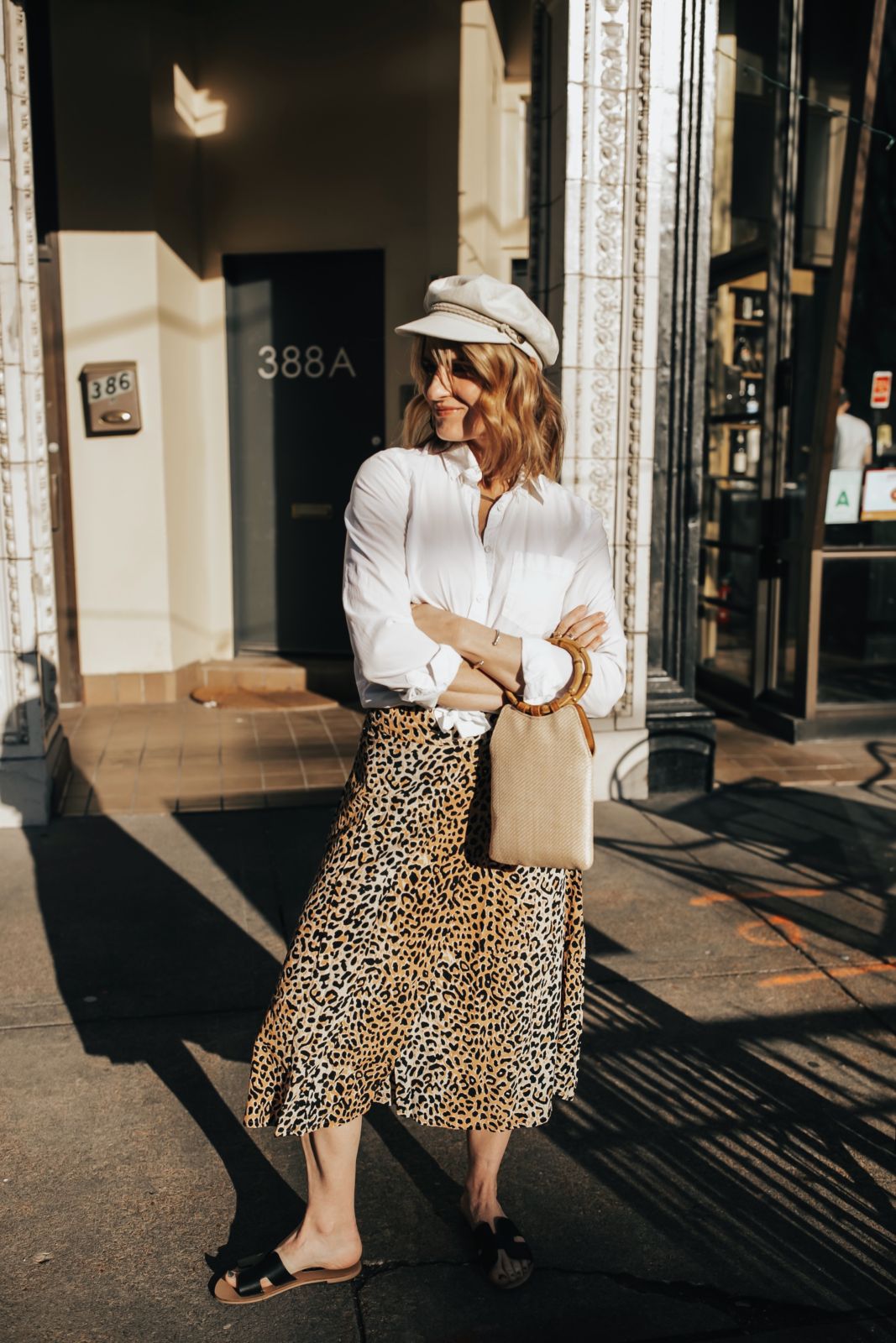 7 spring looks you need from lulus | leopard skirt outfit summer | leopard skirt outfit | white button down shirt outfit | midi skirt outfit summer | midi skirt outfit spring | leopard skirt | Brixton fiddler cap outfit | oh darling blog