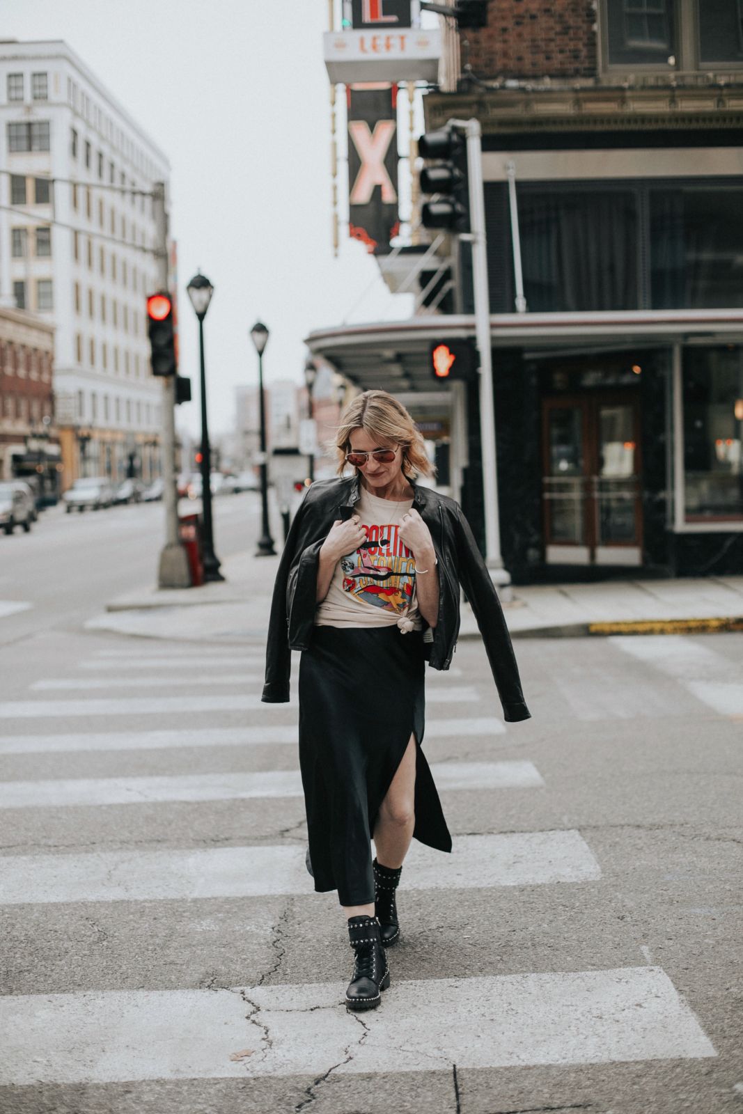 outfit ideas without jeans: Leather Jacket, Band Tee, and Slip Dress