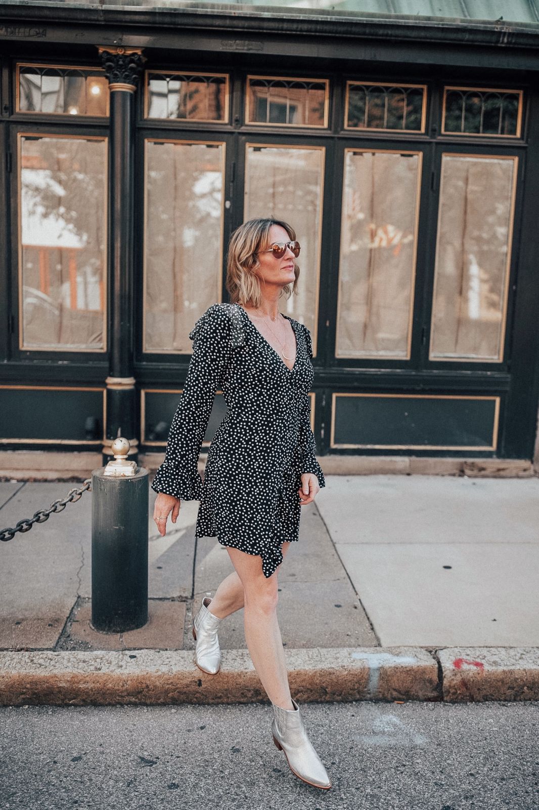 outfit ideas without jeans: polka dot dress | silver boots 