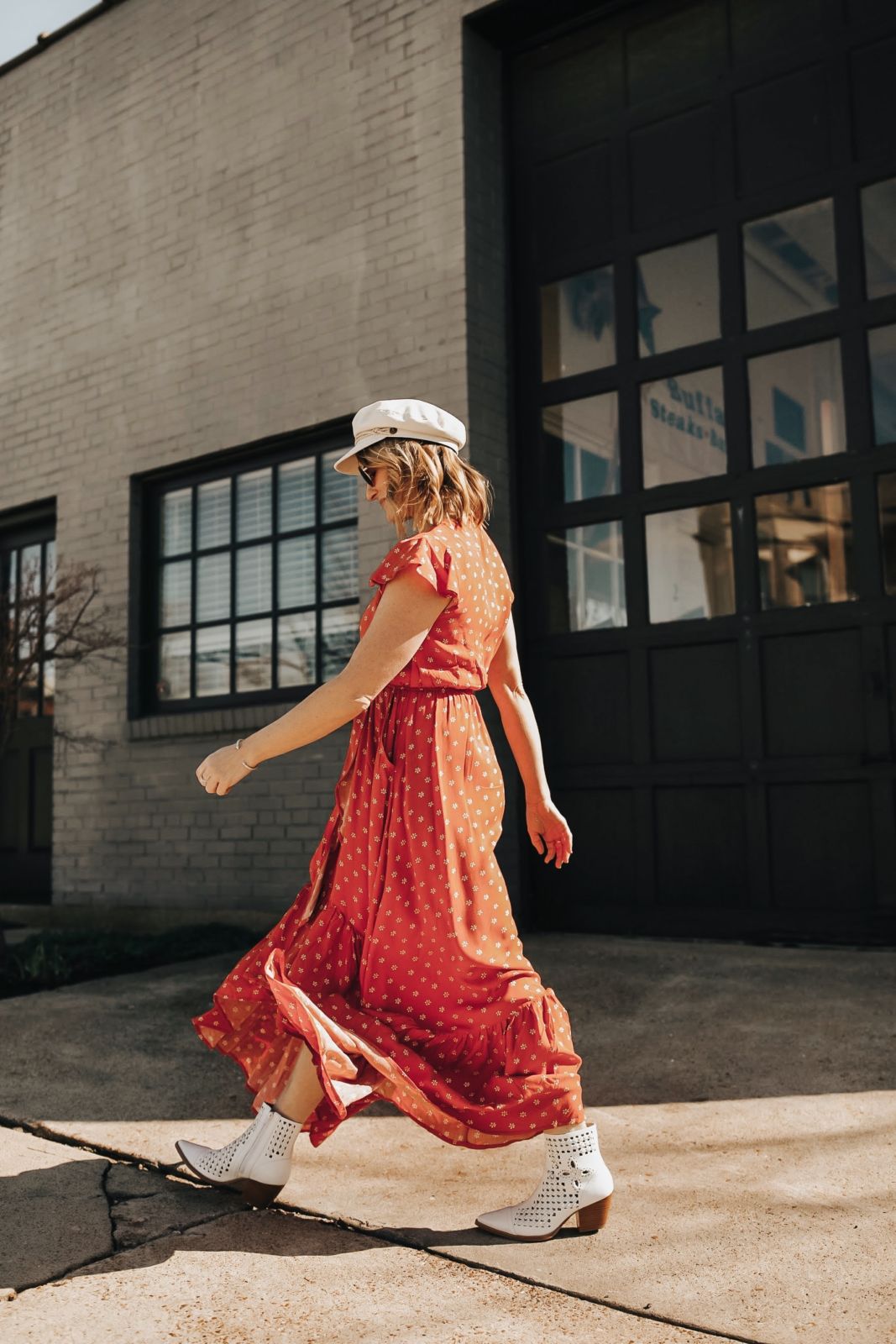 floral print maxi dress | boots with dress | fiddler cap outfit | white boots outfit | Oh Darling Blog