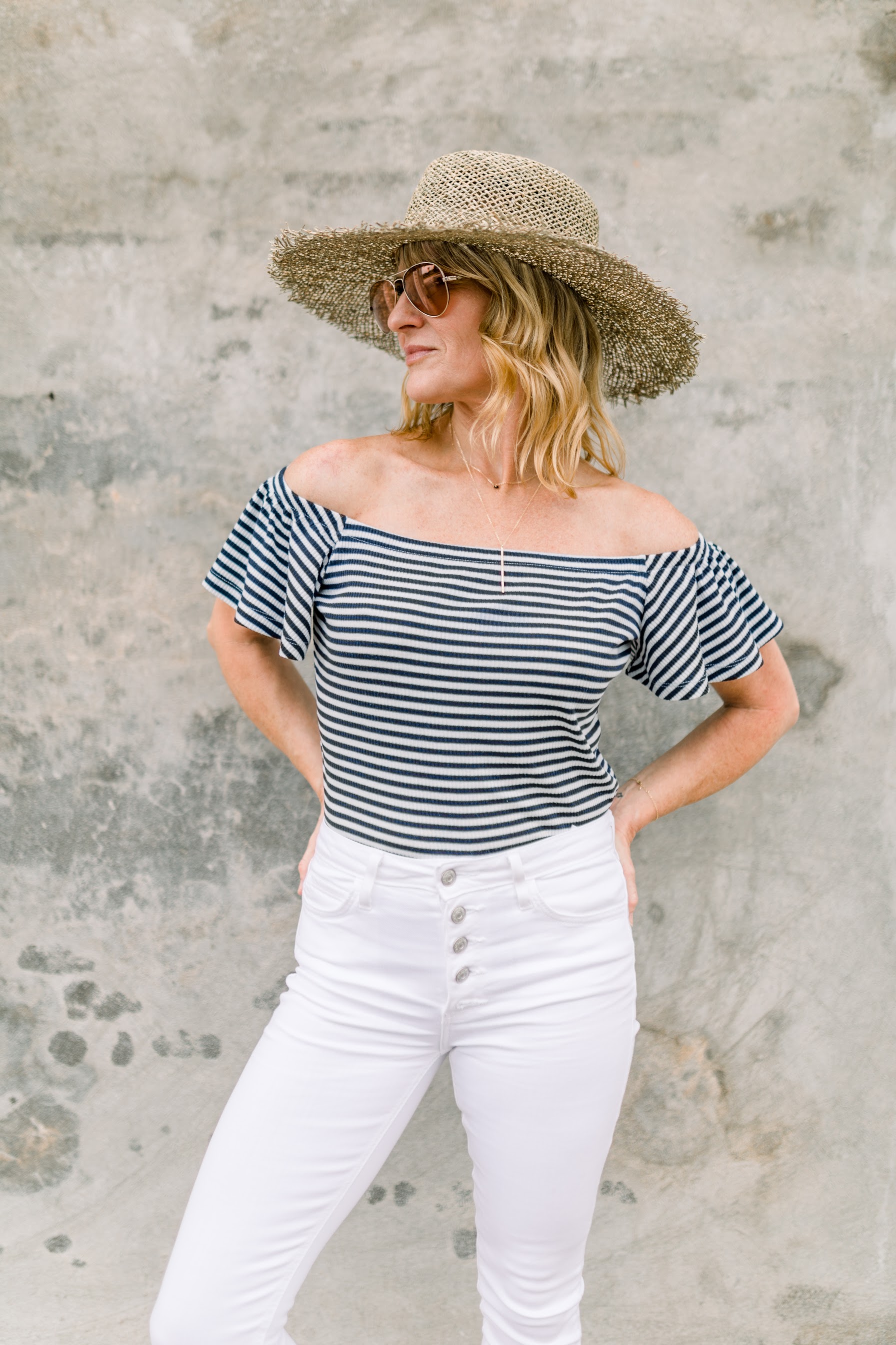 How to Wear White Jeans 3 Ways | how to wear white jeans outfit | how to wear white jeans outfit summer | white jeans outfit | white jeans outfit summer | off the shoulder top | off the shoulder top outfit | off the shoulder top summer | striped off the shoulder outfit | Oh Darling Blog