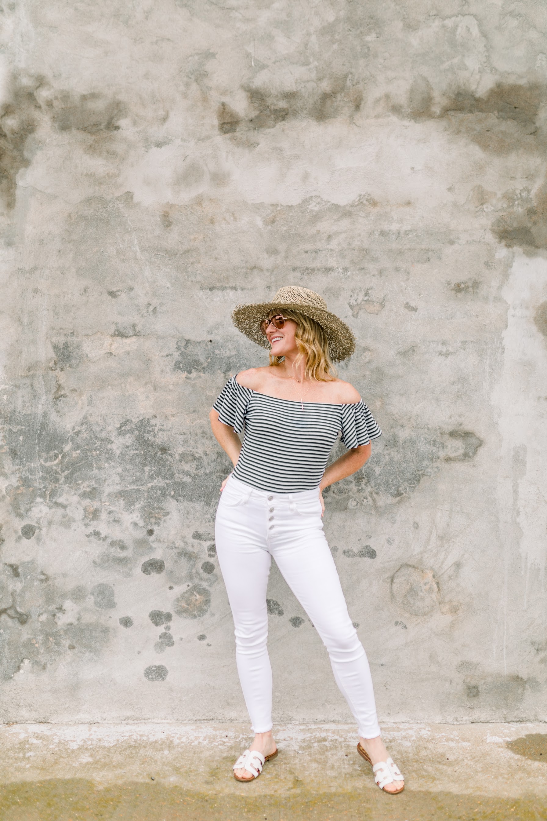 How to Wear White Jeans 3 Ways | how to wear white jeans outfit | how to wear white jeans outfit summer | white jeans outfit | white jeans outfit summer | off the shoulder top | off the shoulder top outfit | off the shoulder top summer | striped off the shoulder outfit | Oh Darling Blog