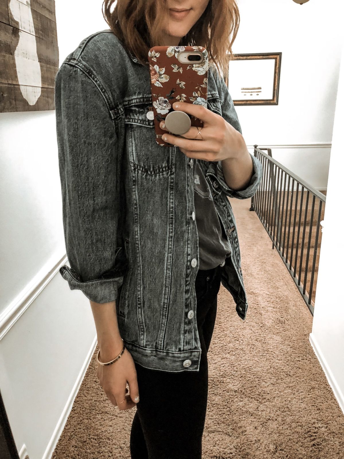 madewell oversized denim jacket graphic tee and black jeans