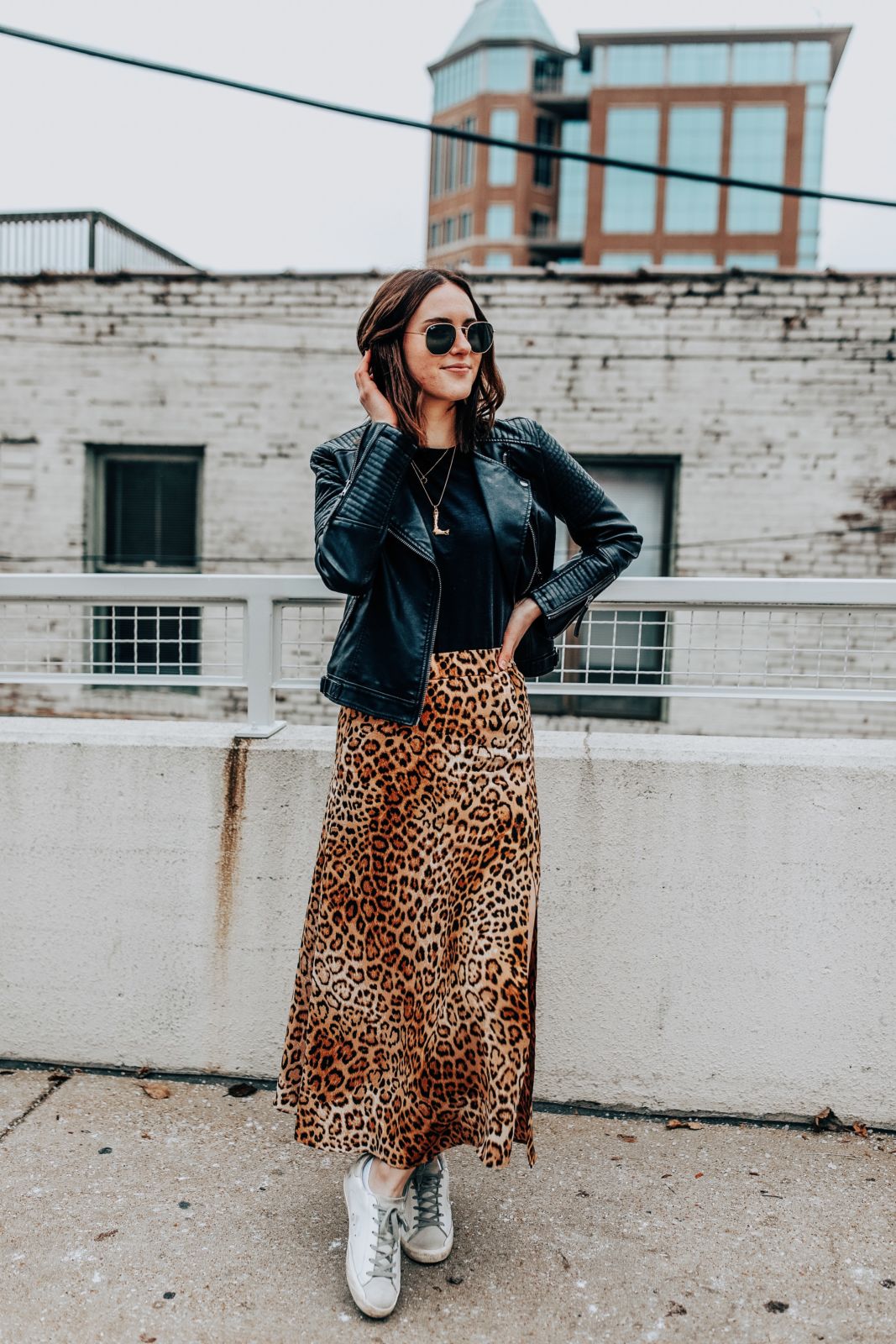leopard print midi skirt outfit