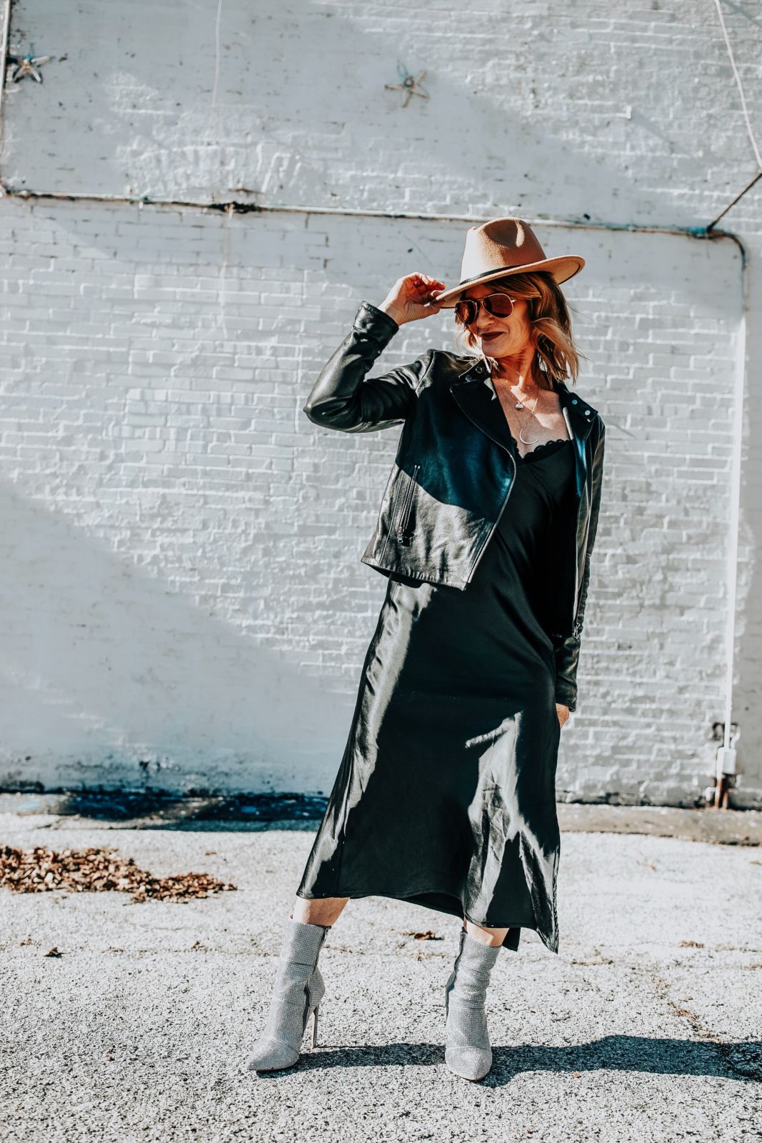 how to wear a slip dress | leather jacket | styling a slip dress | ways to wear a slip dress | steve madden silver boots | oh darling blog