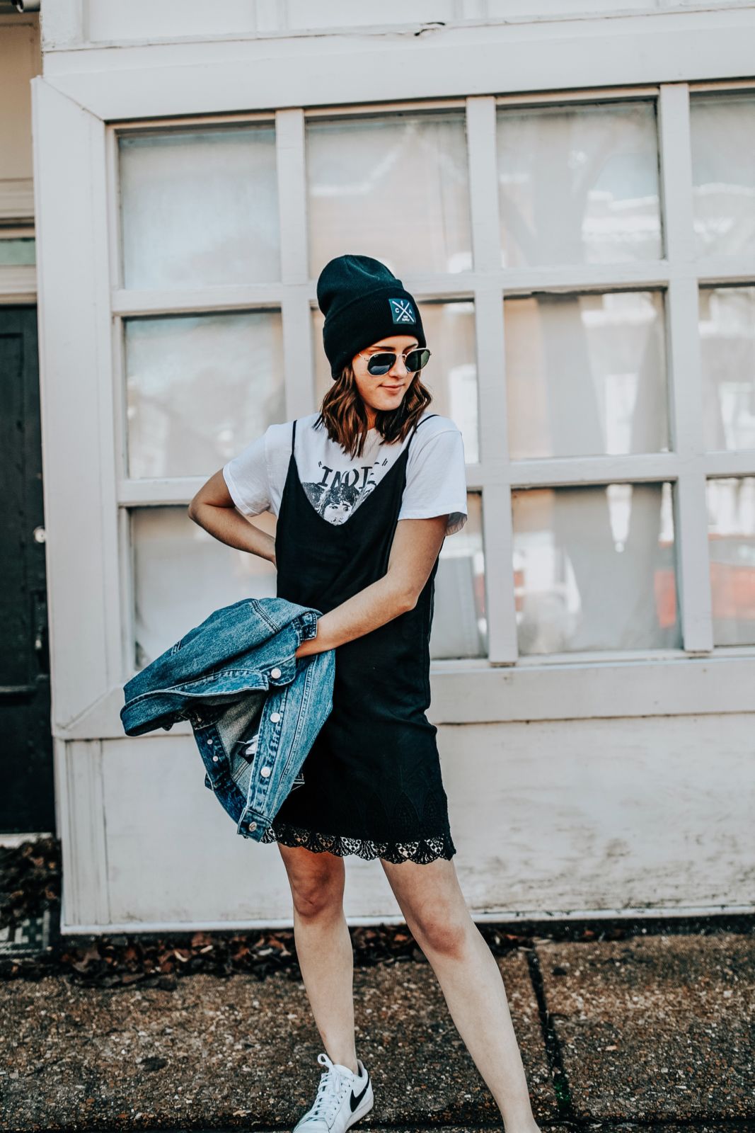 how to wear a slip dress | 4 ways to wear a slip dress | styling a slip dress | graphic tee with a slip dress | denim jacket | beanie | oh darling blog