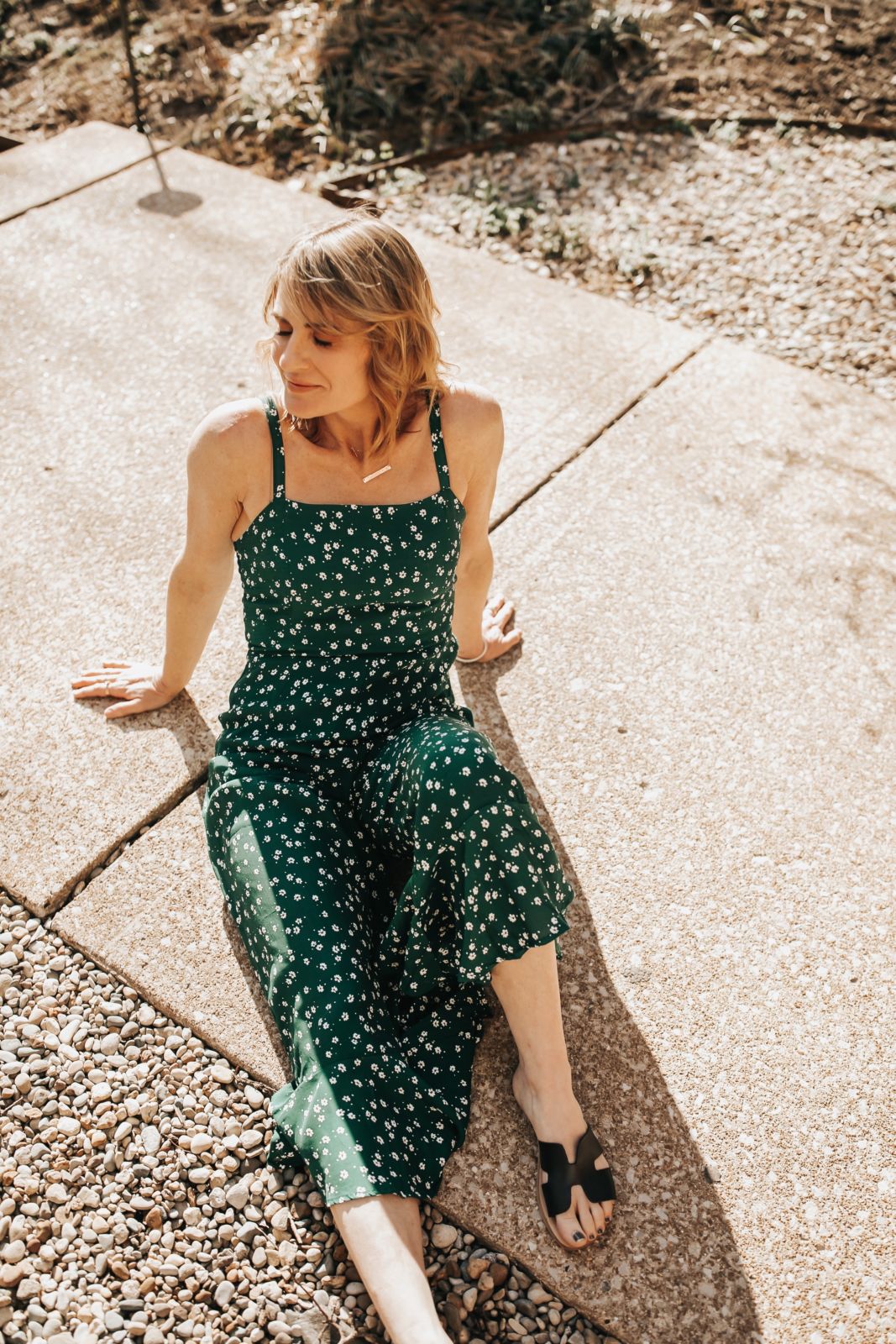 green floral jumpsuit outfit