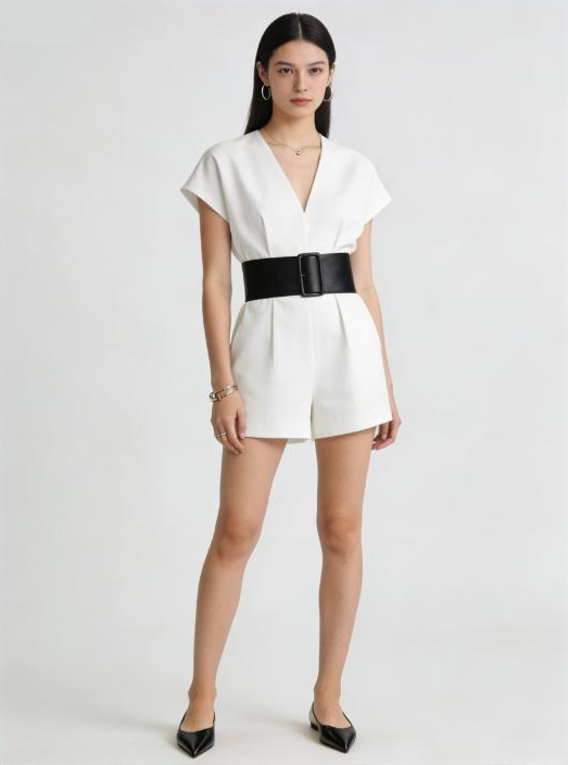 White romper cinched with wide belt, pointed-toe flats, minimal jewelry